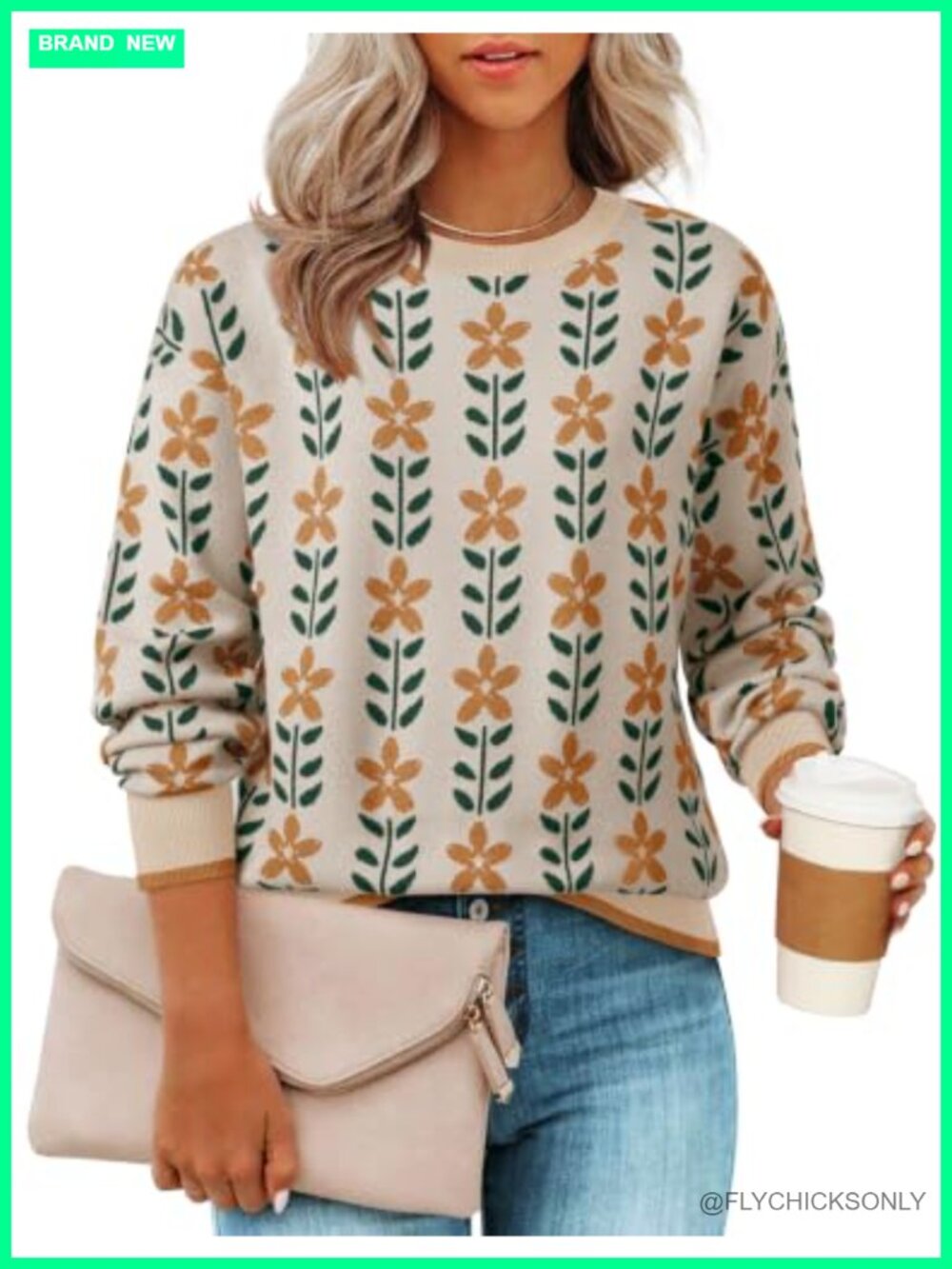 Womens Long Sleeve Crewneck Floral Printed Knit Pullover Sweater